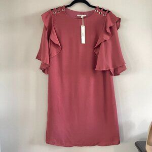 SYMPHONY Ruffle Sleeve Lace Up Shoulder Shift Dress NWT Medium Dusty Rose